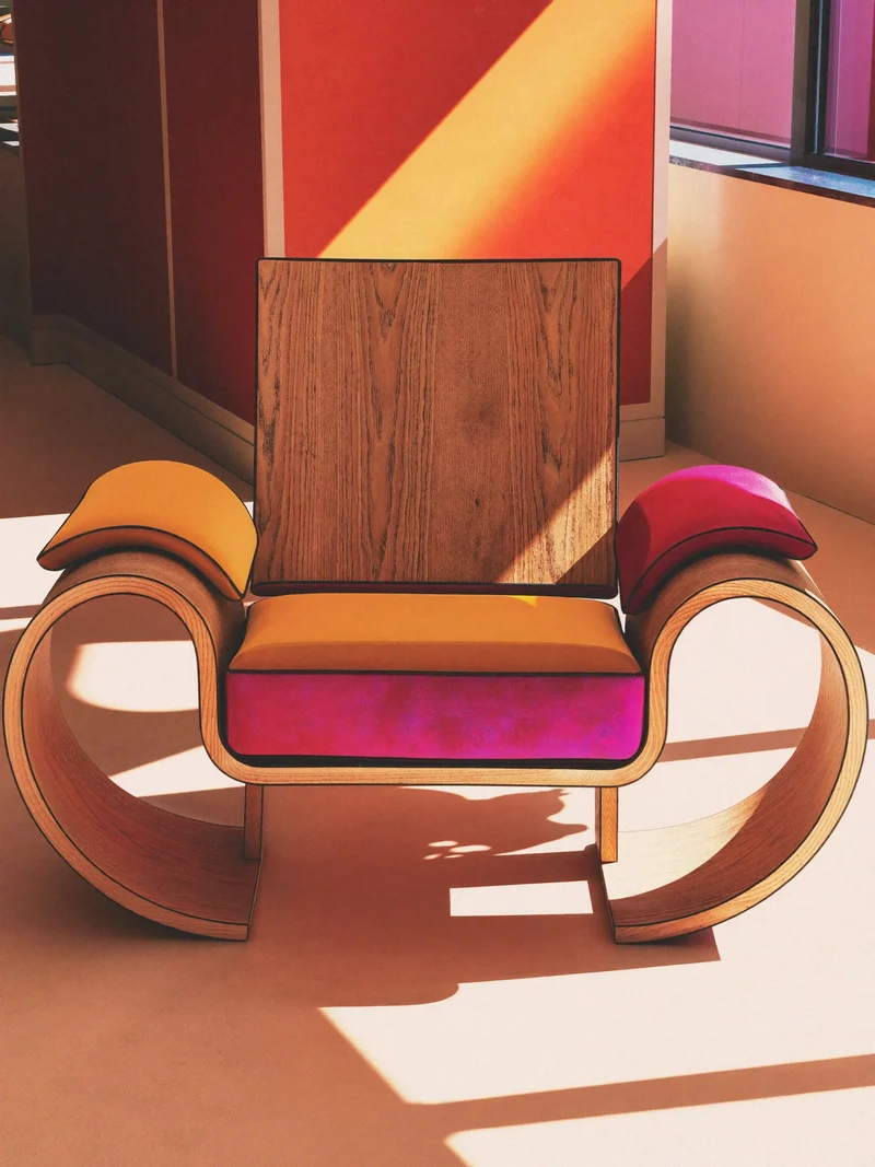 Illustration: skulpturaler Lounge-Sessel aus Bugholz, fiktive Designstudie