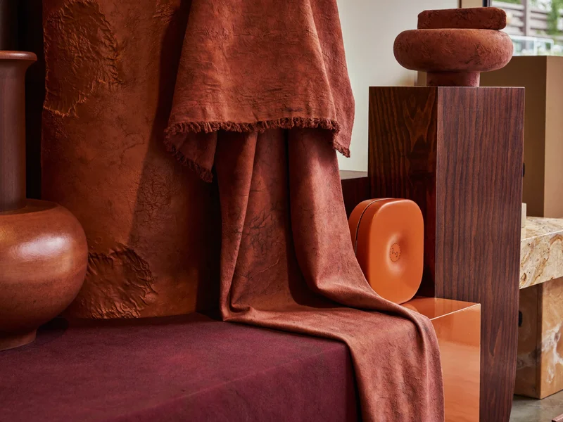 Illustrative Materialdetailstudie zu Holz, Stein und Stoff, kein reales Foto